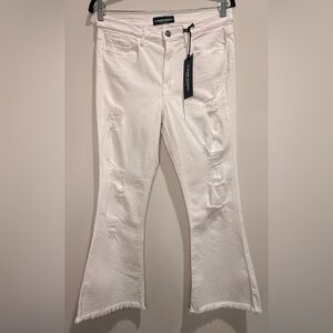 Etienne Marcel White Distressed Flare Jeans Raw Hem Cropped Quiet Luxury NWT